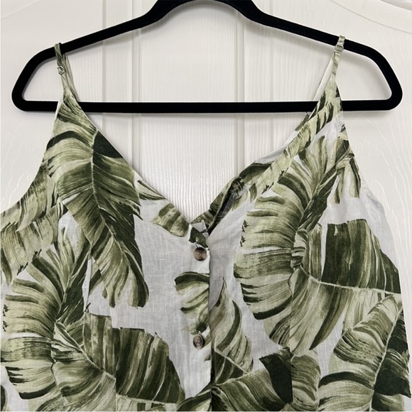 🩵3 for $10 H&M Linen Tank Top Plant Monstera Leaf Botanic Print Size L - Picture 2 of 2